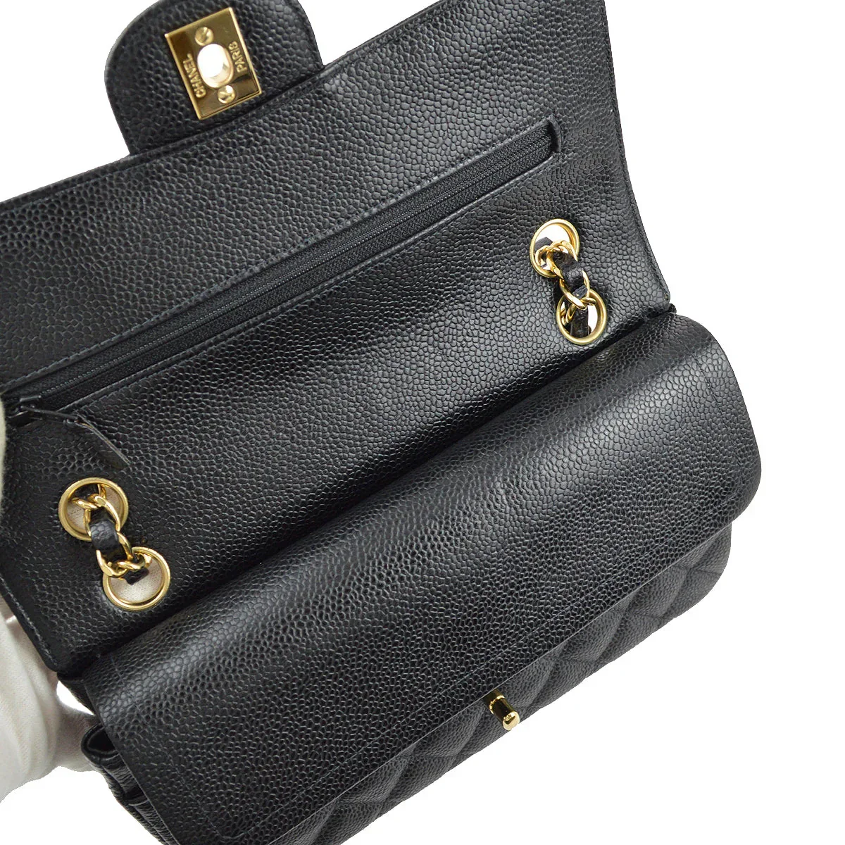 Chanel 2001-2003 Black Caviar Small Classic Double Flap Shoulder Bag - Image 7