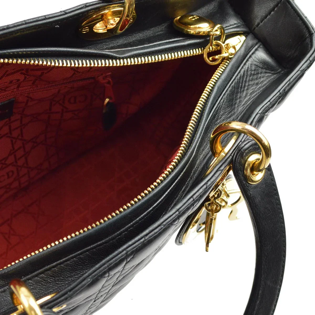 Christian Dior 1997 Black Lambskin Large Lady Dior Cannage 2way Shoulder Handbag - Image 4