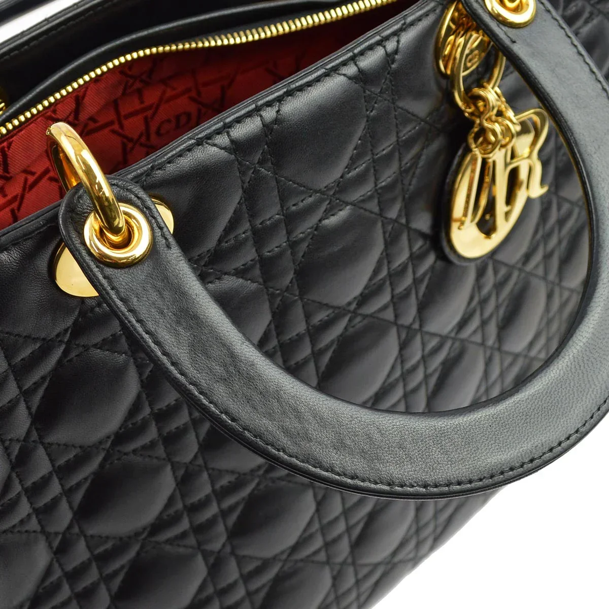 Christian Dior 1997 Black Lambskin Large Lady Dior Cannage 2way Shoulder Handbag - Image 5