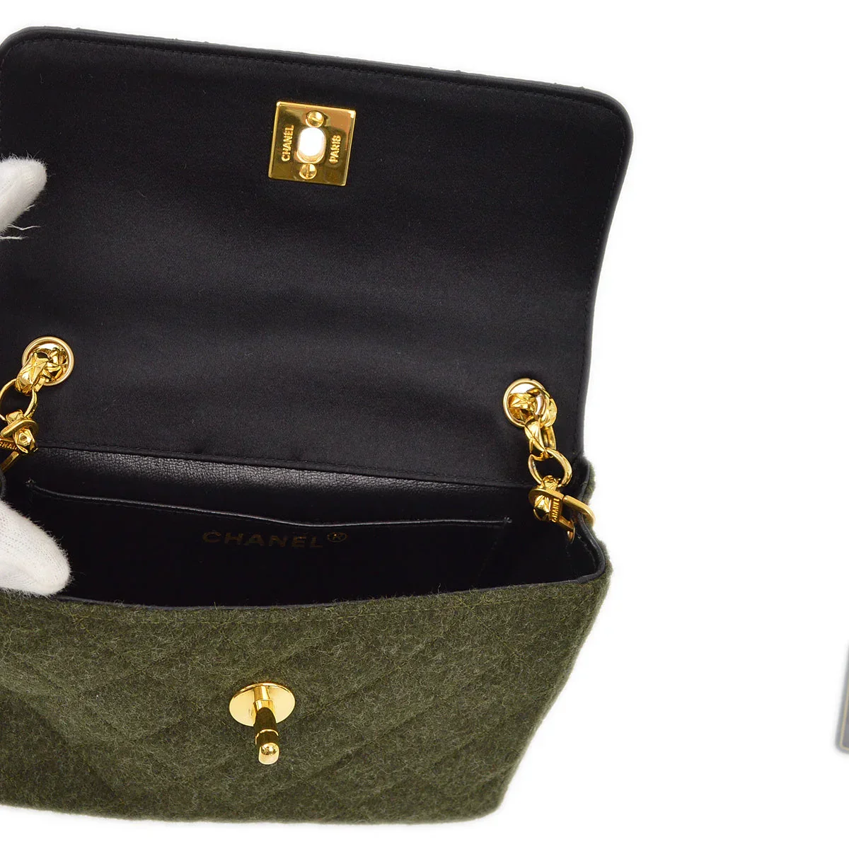 Chanel 1989-1991 Black Green Satin Felt Straight Flap Shoulder Bag - Image 7
