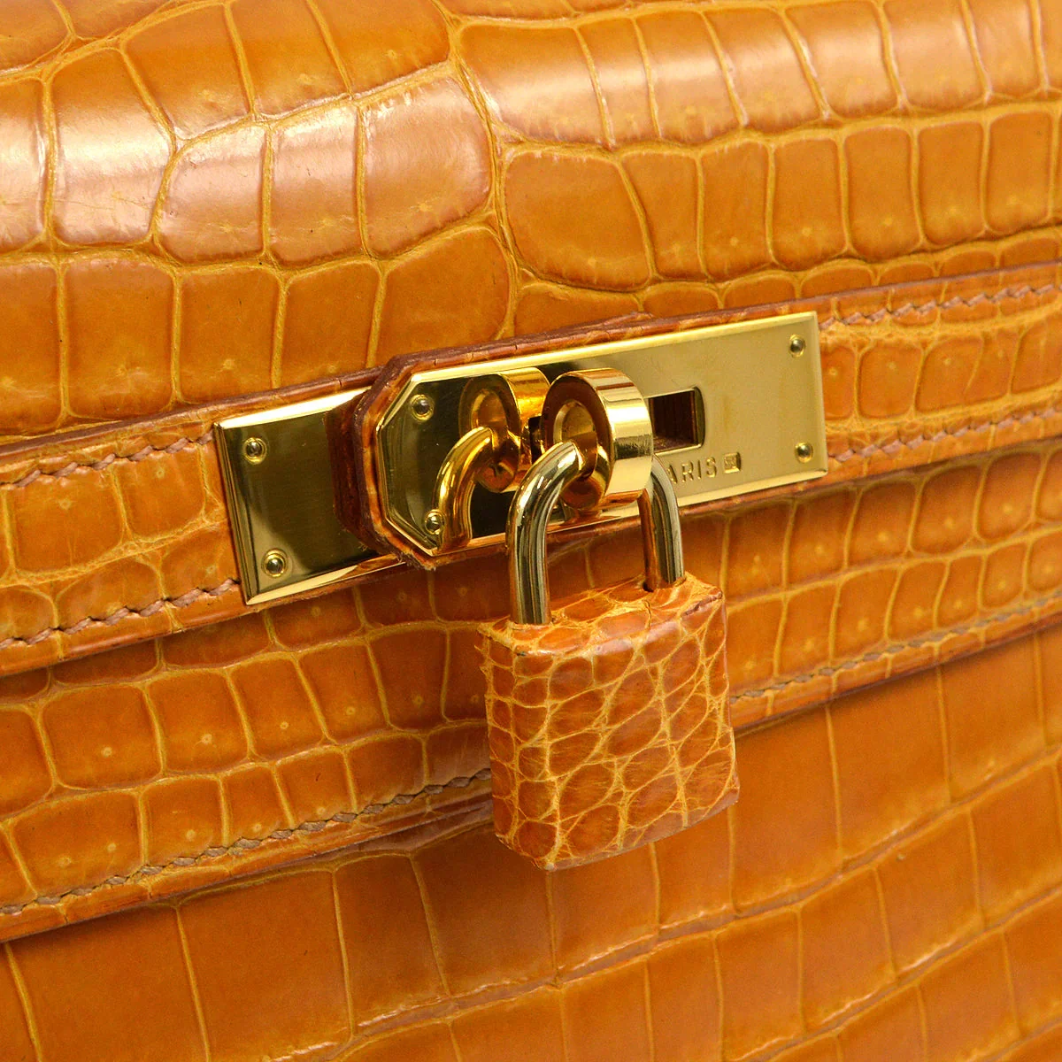 Hermes * 1997 Saffron Porosus Kelly 32 Sellier 2way Shoulder Handbag - Image 4