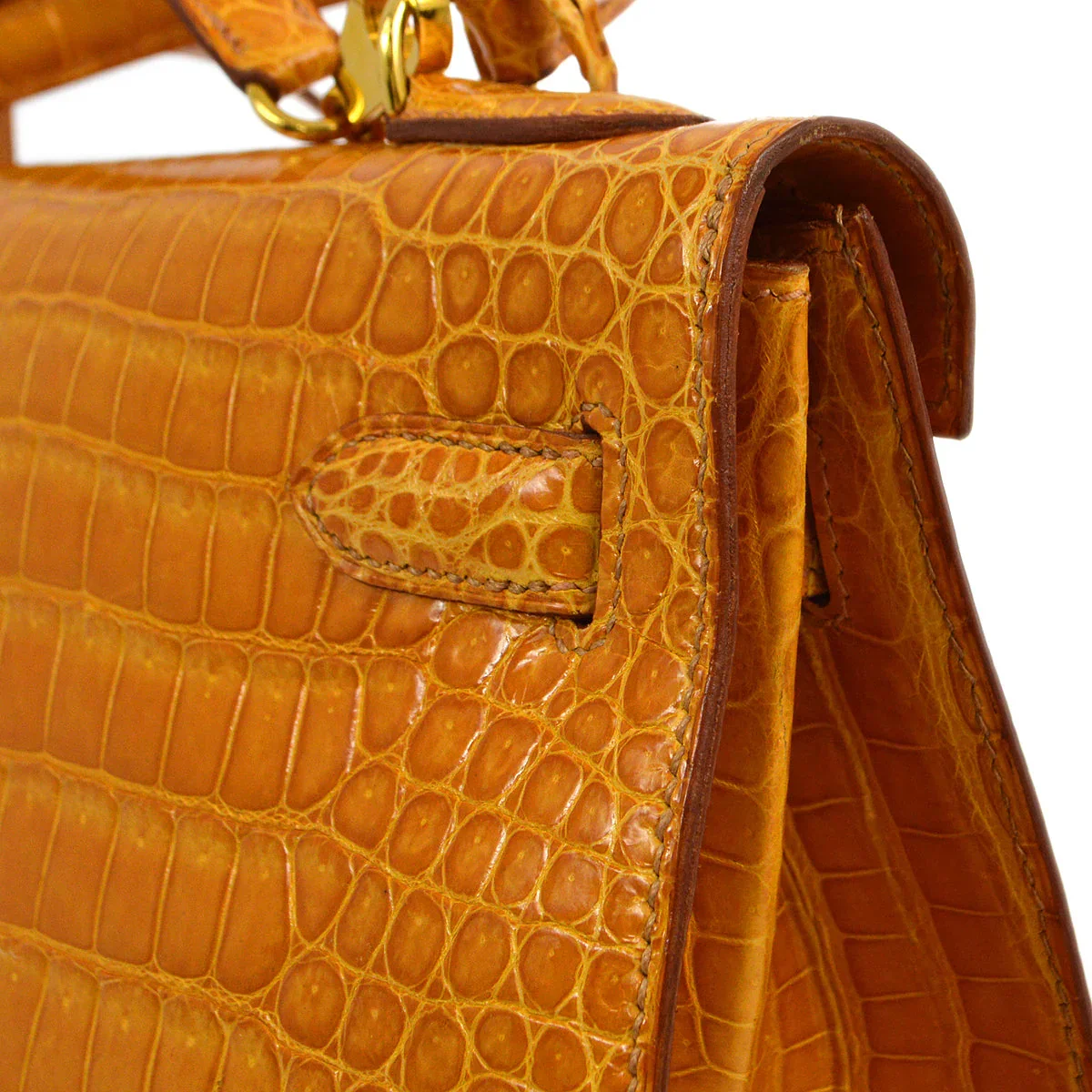 Hermes * 1997 Saffron Porosus Kelly 32 Sellier 2way Shoulder Handbag - Image 5