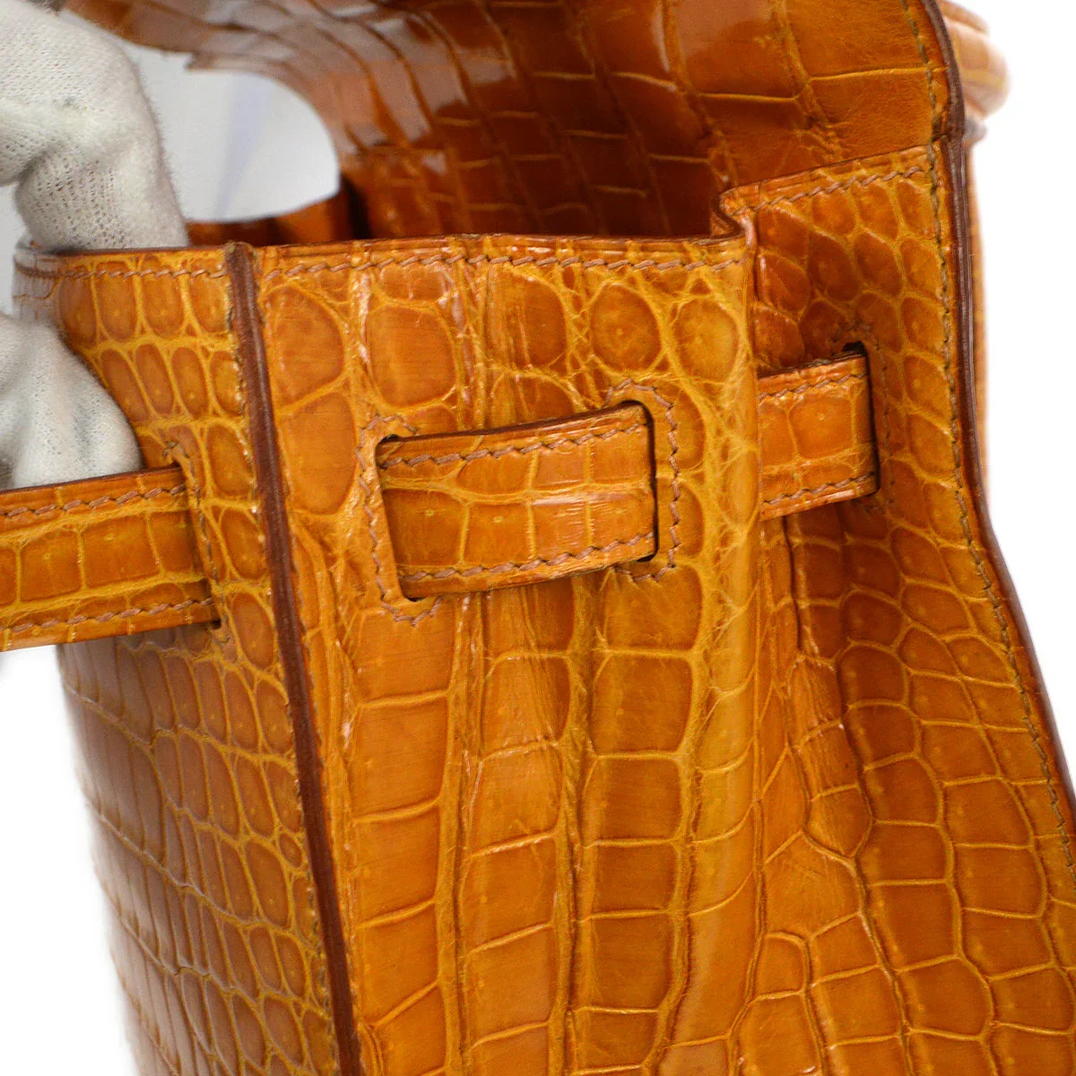 Hermes * 1997 Saffron Porosus Kelly 32 Sellier 2way Shoulder Handbag - Image 8
