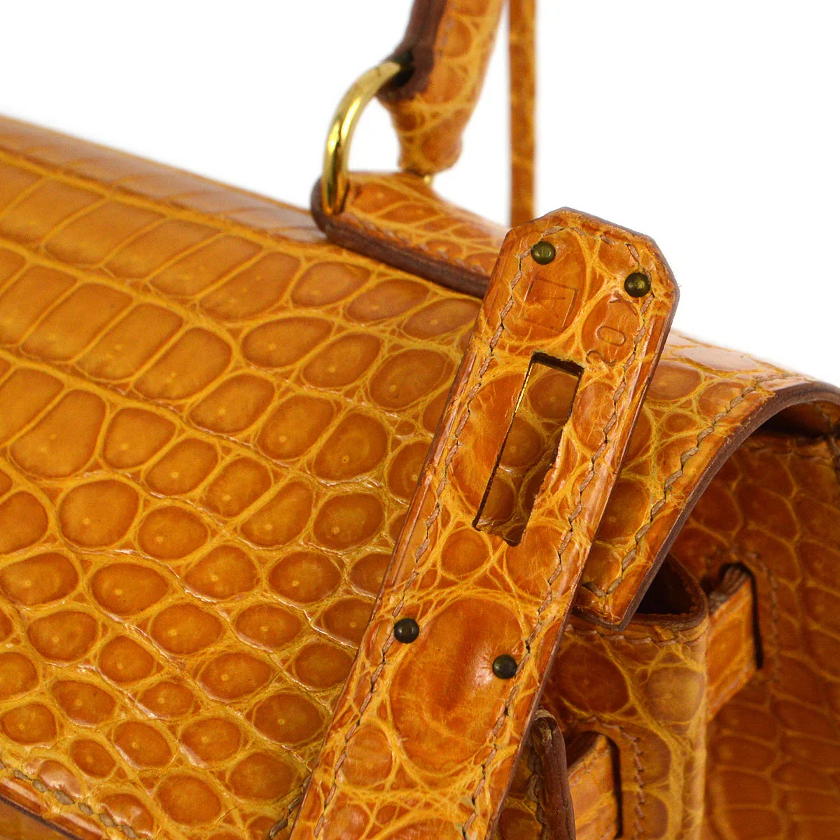 Hermes * 1997 Saffron Porosus Kelly 32 Sellier 2way Shoulder Handbag - Image 9