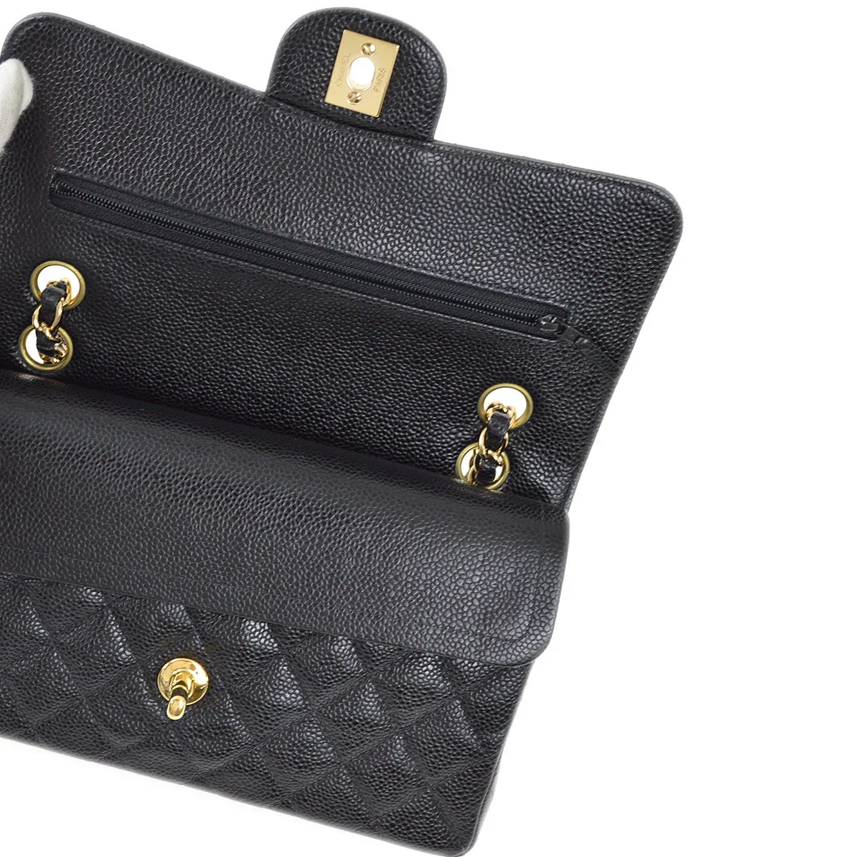 Chanel 2001-2003 Black Caviar Small Classic Double Flap Shoulder Bag - Image 7