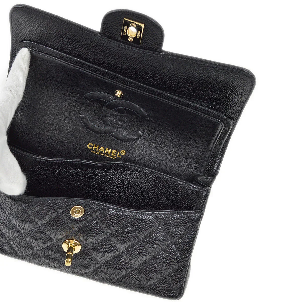 Chanel 2001-2003 Black Caviar Small Classic Double Flap Shoulder Bag - Image 8
