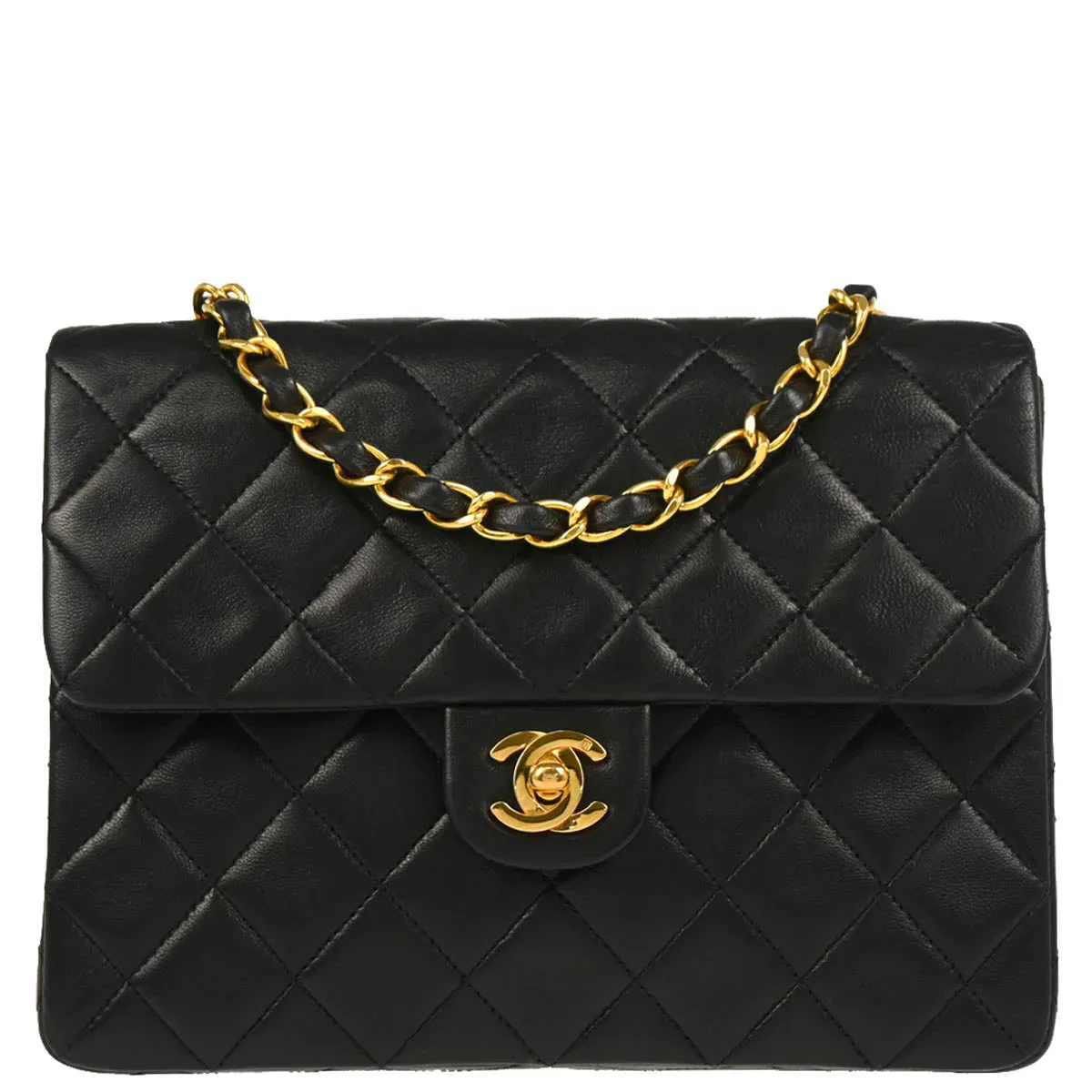 Chanel 1991-1994 Black Lambskin Classic Square Flap Shoulder Bag 20