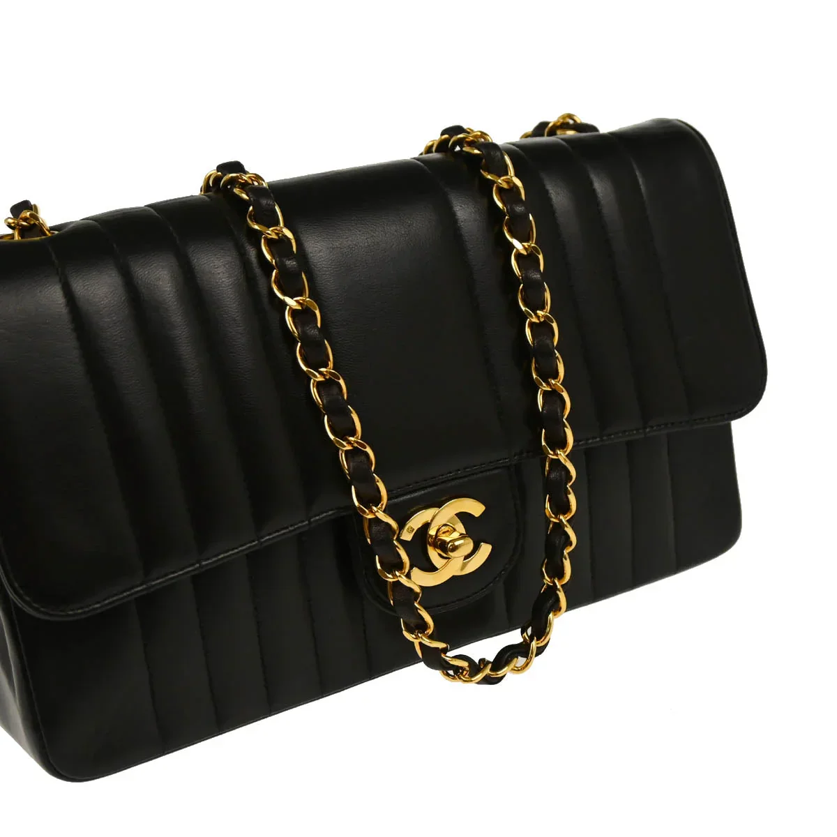 Chanel 1991-1994 Black Lambskin Vertical Stitch Single Flap Shoulder Bag - Image 3