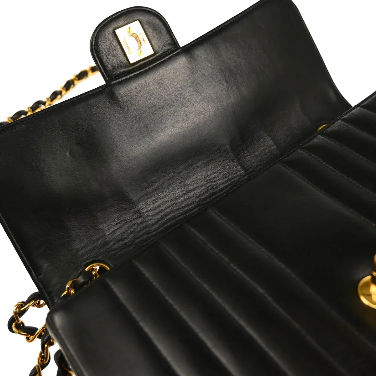 Chanel 1991-1994 Black Lambskin Vertical Stitch Single Flap Shoulder Bag - Image 8