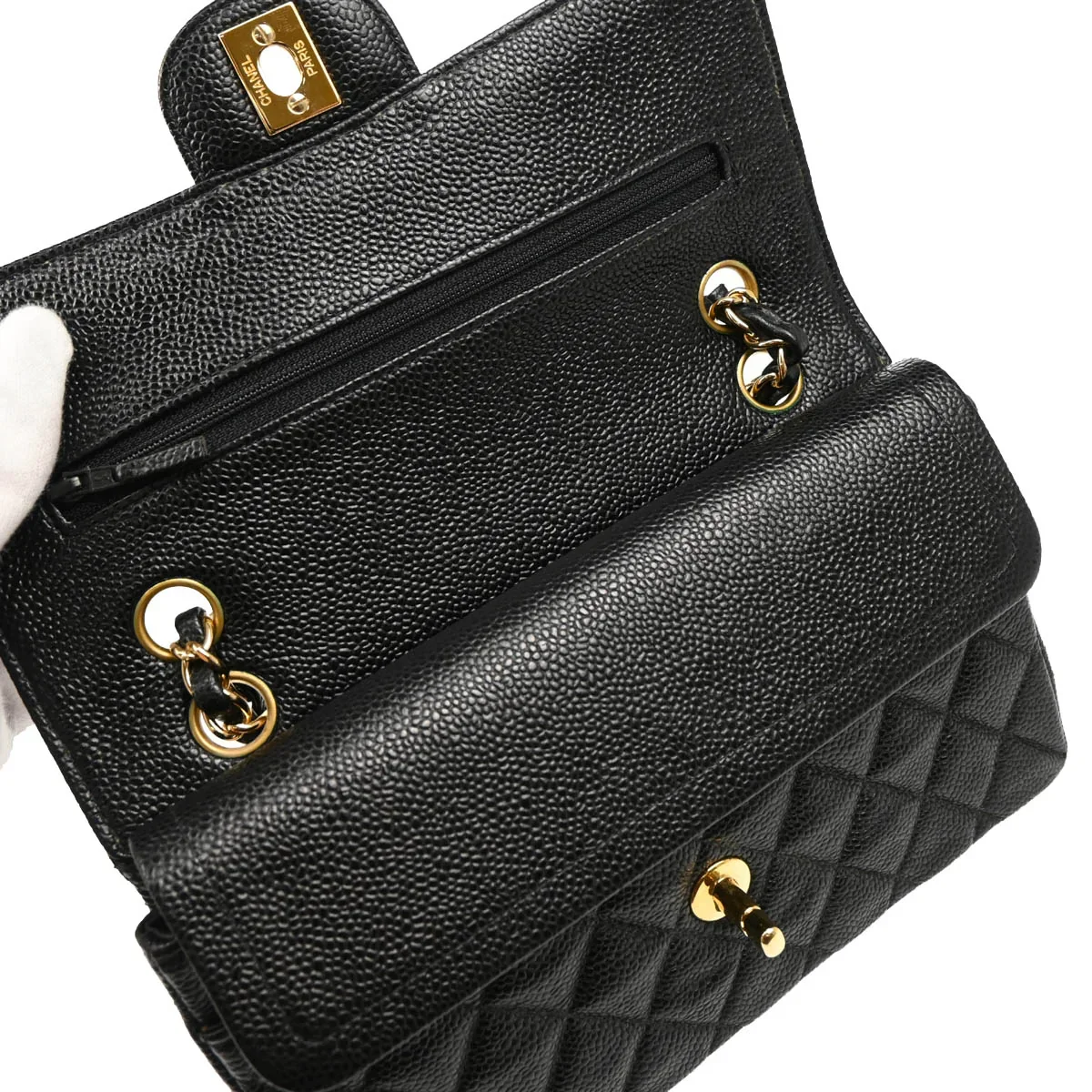 Chanel 2001-2003 Black Caviar Small Classic Double Flap Shoulder Bag - Image 8