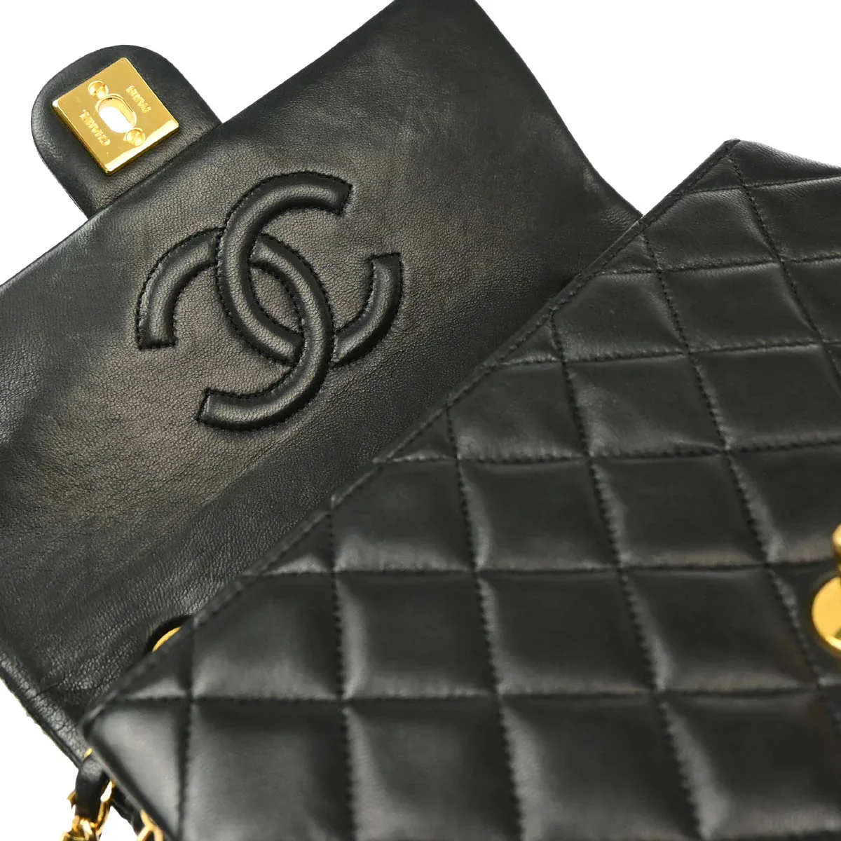 Chanel 1989-1991 Black Lambskin Classic Square Flap Shoulder Bag 20 - Image 8