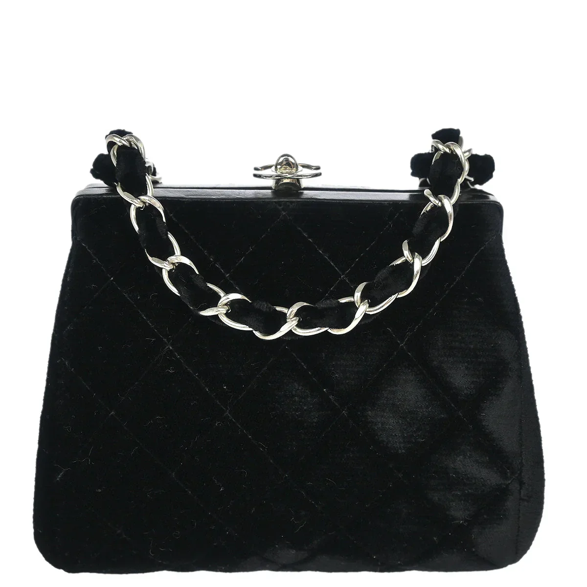 Chanel 1996-1997 Black Velvet Kisslock Chain Shoulder Bag
