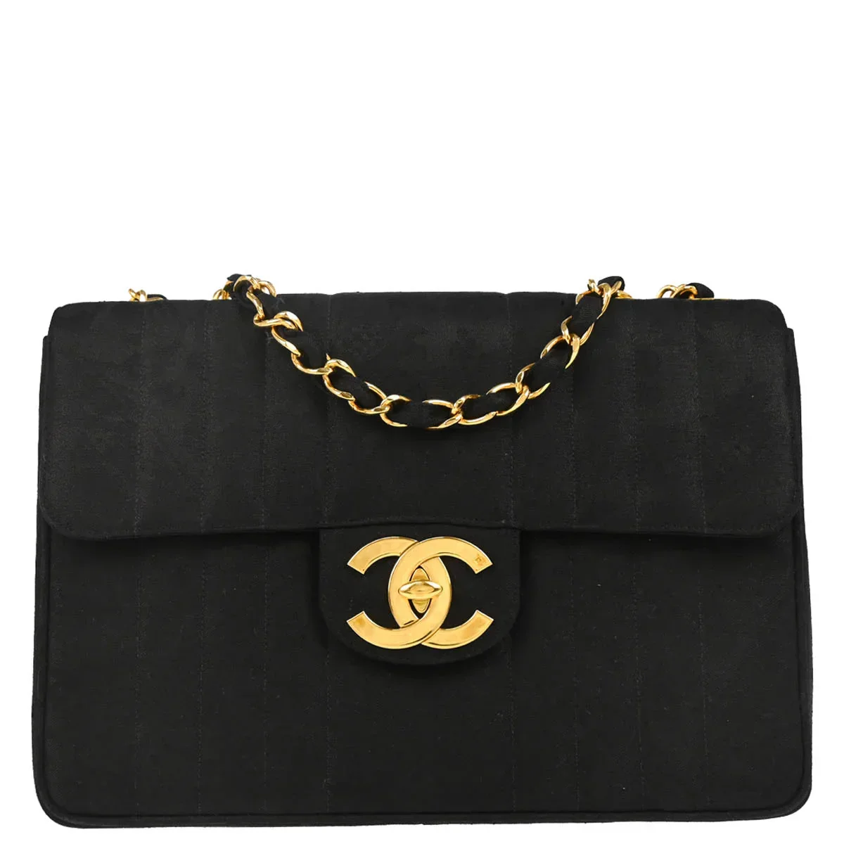 Chanel 1991-1994 Black Cotton Jumbo Mademoiselle Classic Flap Bag