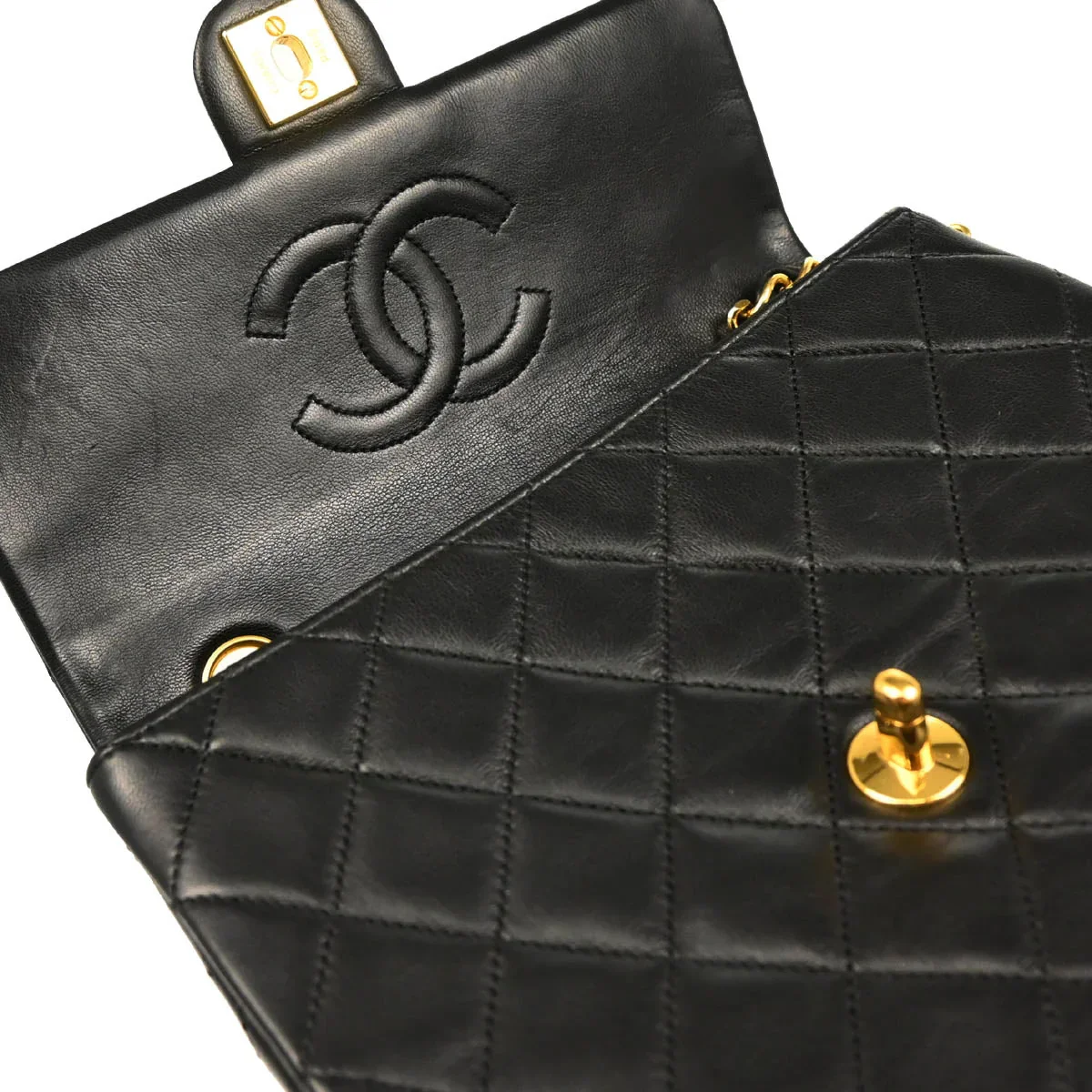 Chanel 1989-1991 Black Lambskin Classic Square Flap Shoulder Bag - Image 7