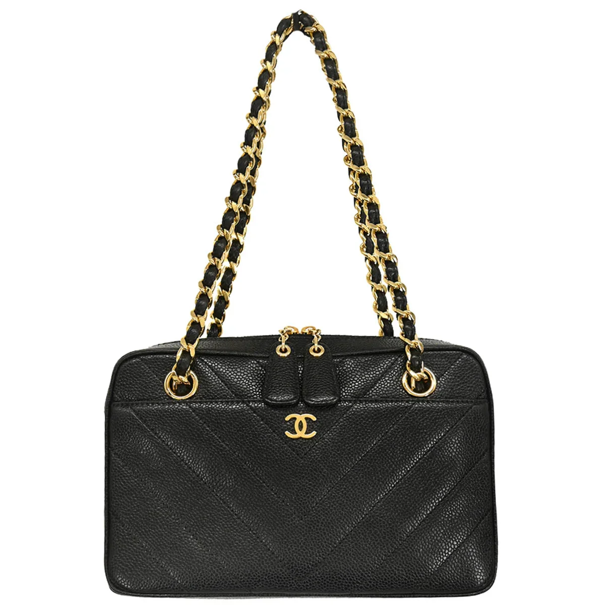 Chanel 2000-2001 Black Caviar Chevron Shoulder Bag