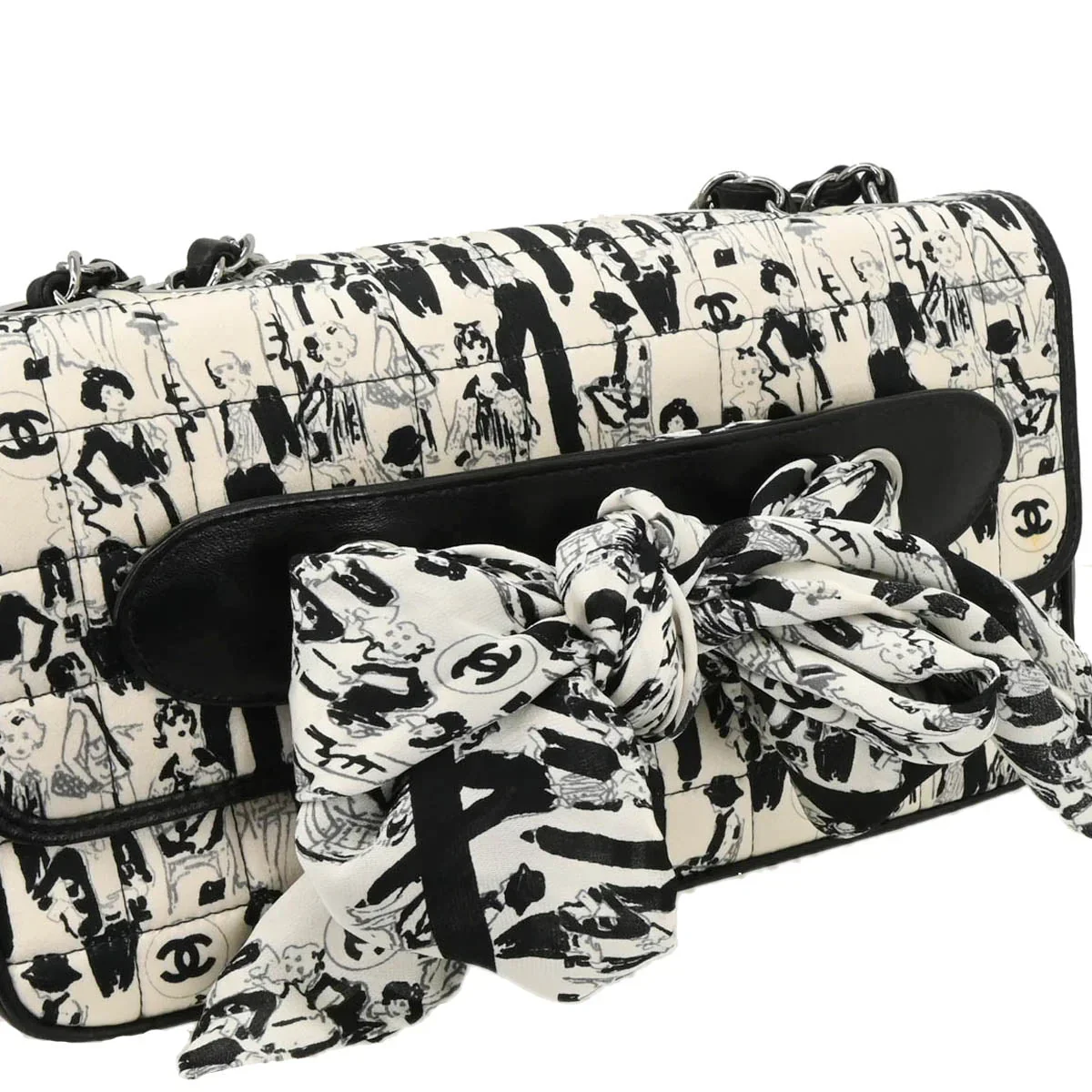 Chanel 2003-2004 White Black Silk Choco Bar Shoulder Bag - Image 3