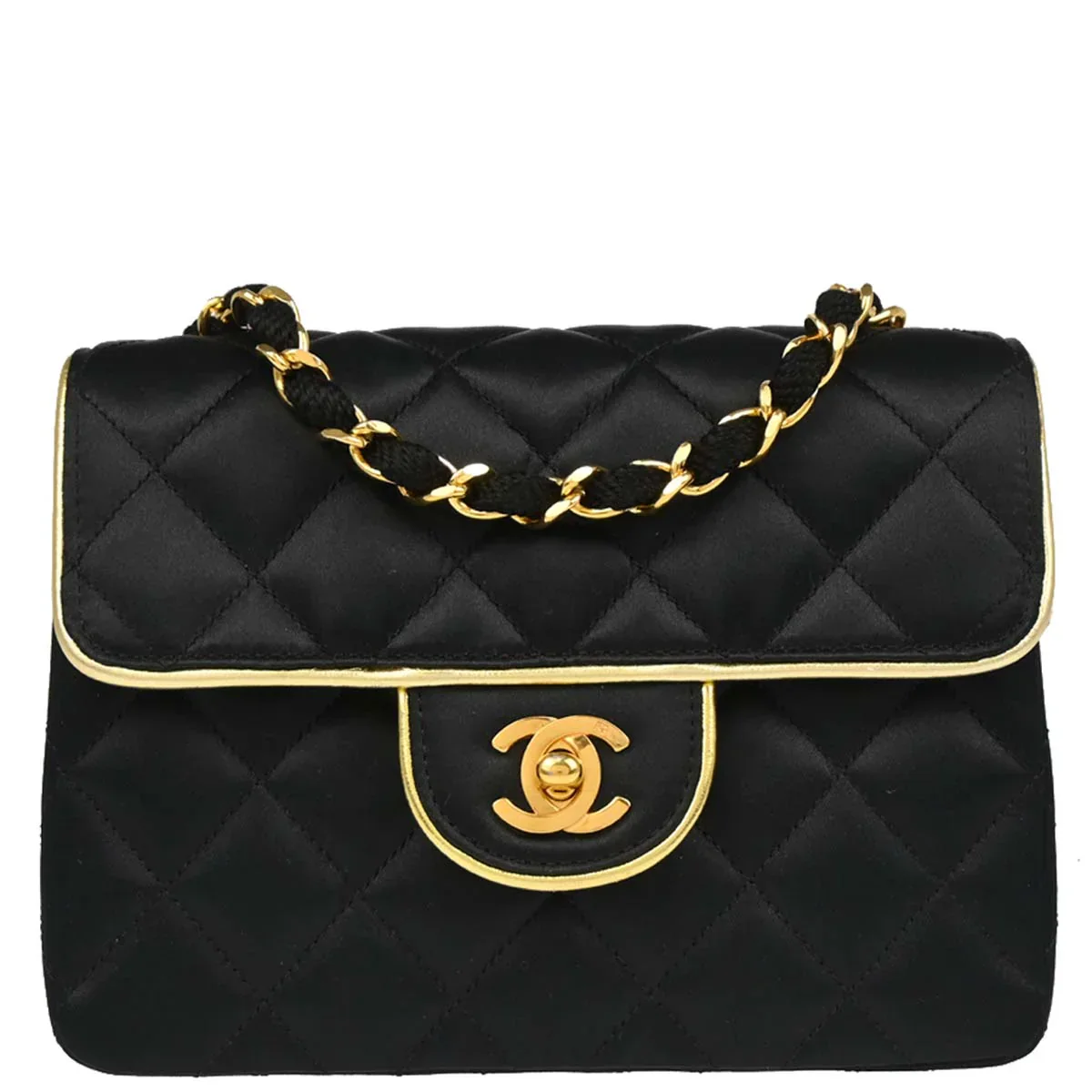 Chanel 1989-1991 Black Satin Mini Classic Square Flap Shoulder Bag