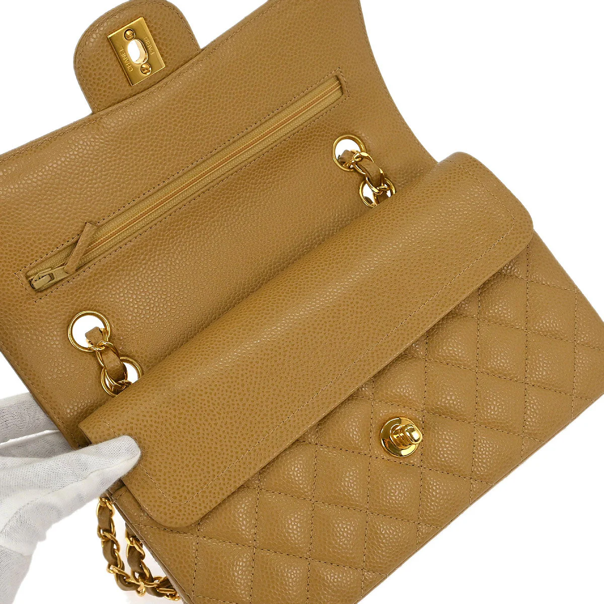 Chanel Beige Caviar Small Classic Double Flap Shoulder Bag - Image 6