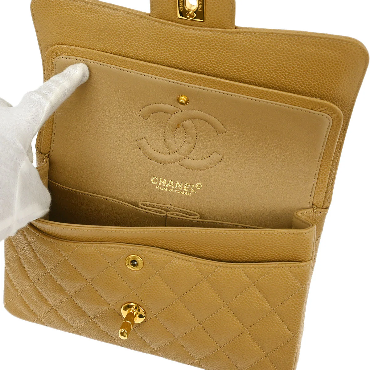 Chanel Beige Caviar Small Classic Double Flap Shoulder Bag - Image 7