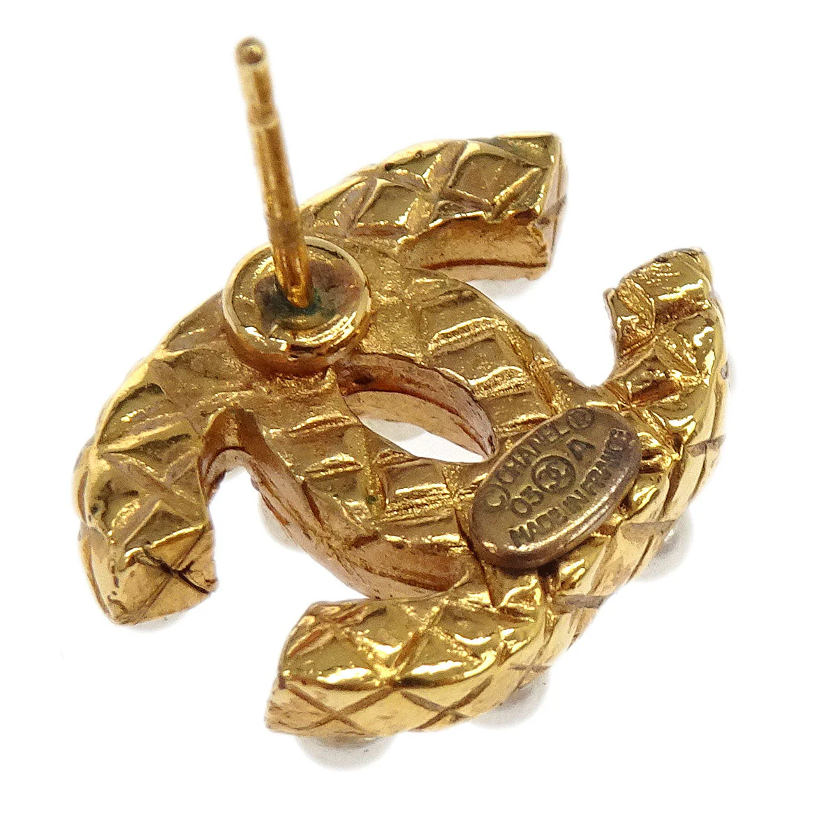 Chanel Piercing Earrings Gold CC Costume Pearl 03A - Image 4