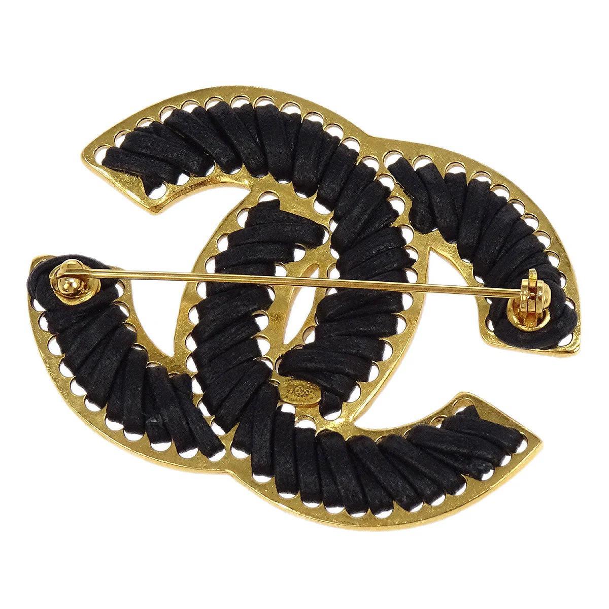 Chanel CC Brooch Pin Black Gold Leather 03P - Image 2