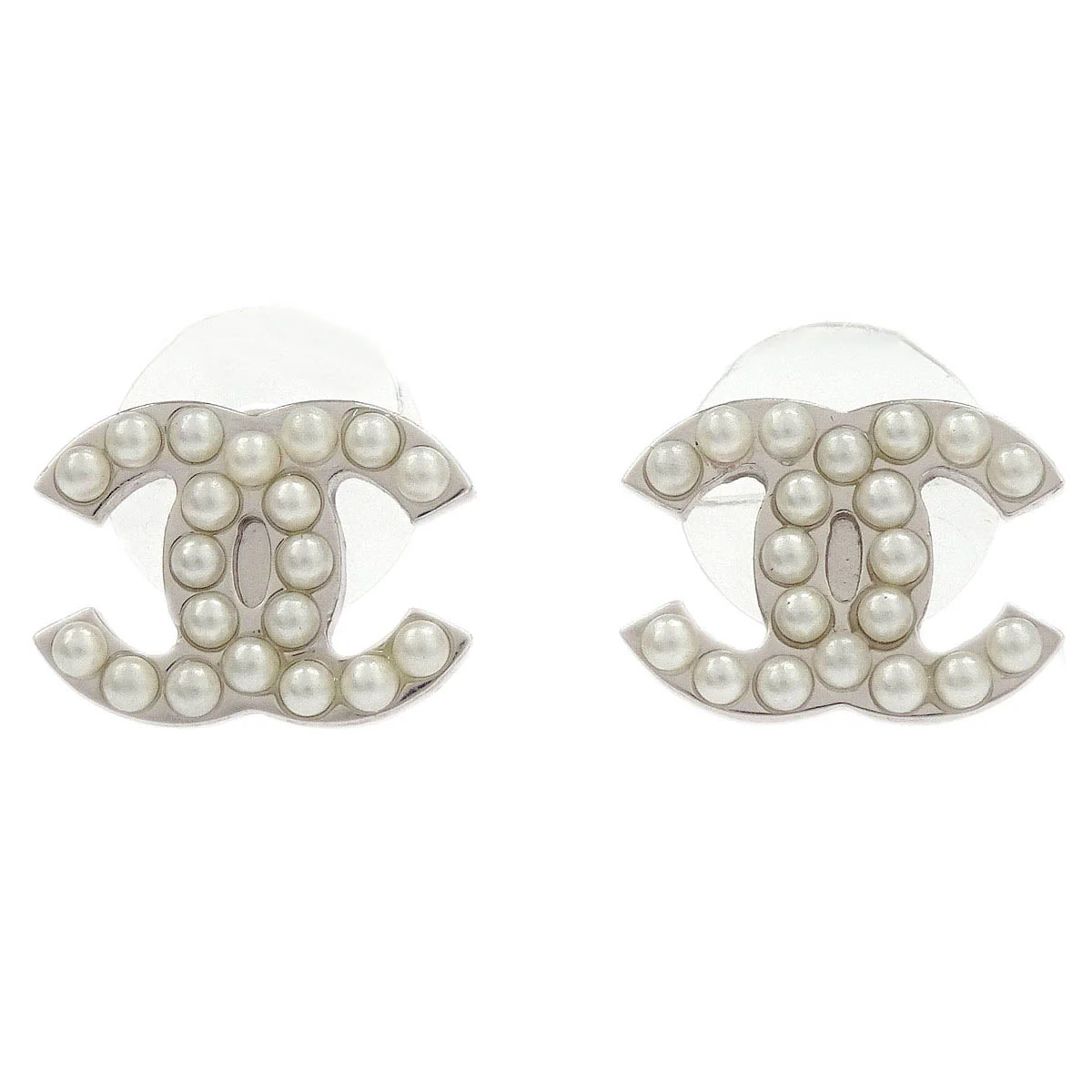 Chanel Piercing Earrings Silver CC Costume Pearl 05V