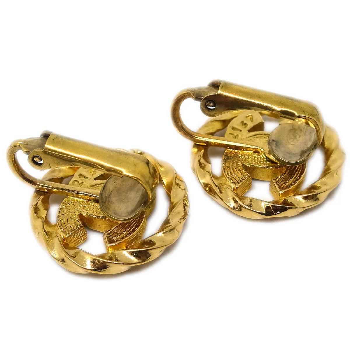 Chanel Gold Button Earrings Clip-On Rhinestone 2137 - Image 3