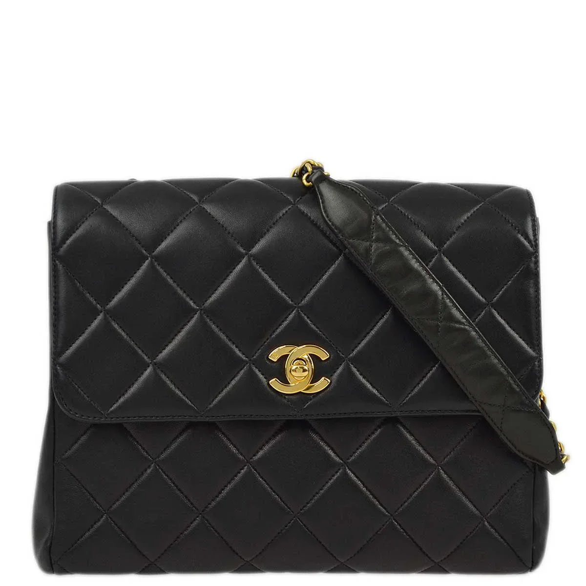 Chanel 1996-1997 Black Lambskin Straight Flap Chain Shoulder Bag