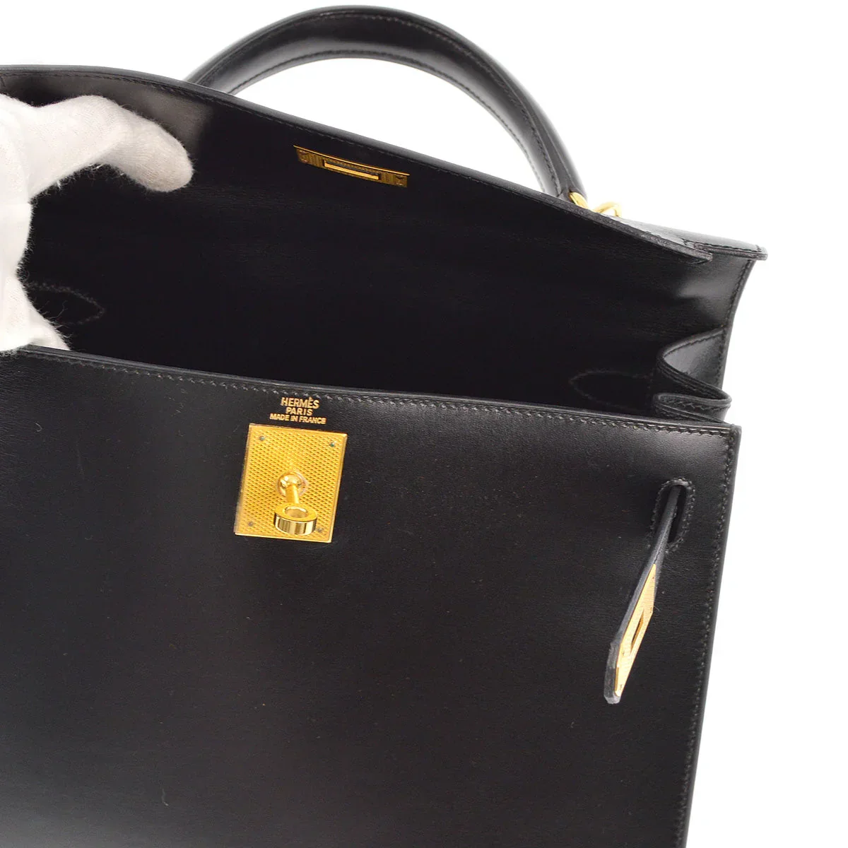 Hermes * 2003 Black Box Calf Guilloche Kelly 28 Sellier 2way Handbag - Image 8