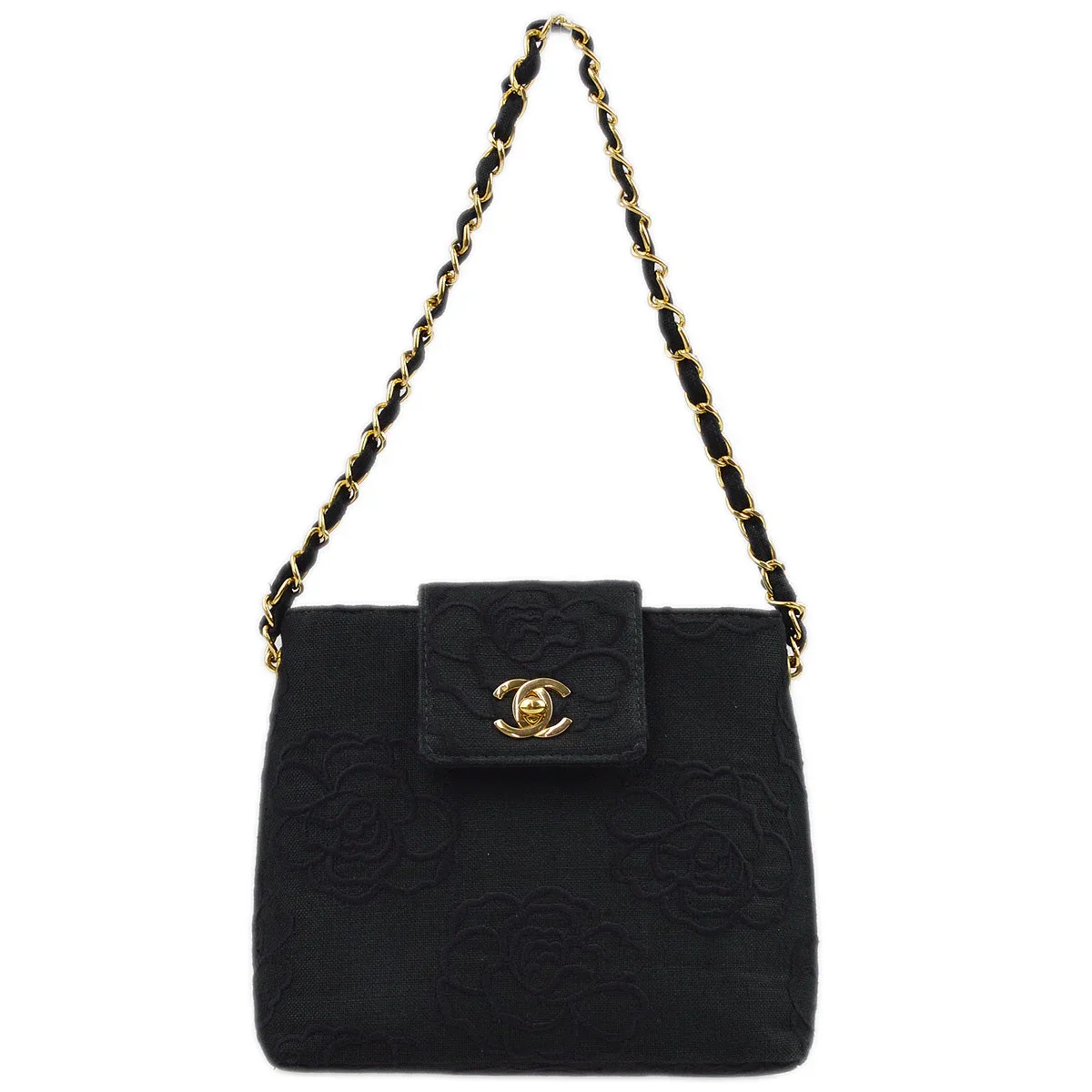 Chanel 1997-1999 Black Canvas Camelia Chain Handbag