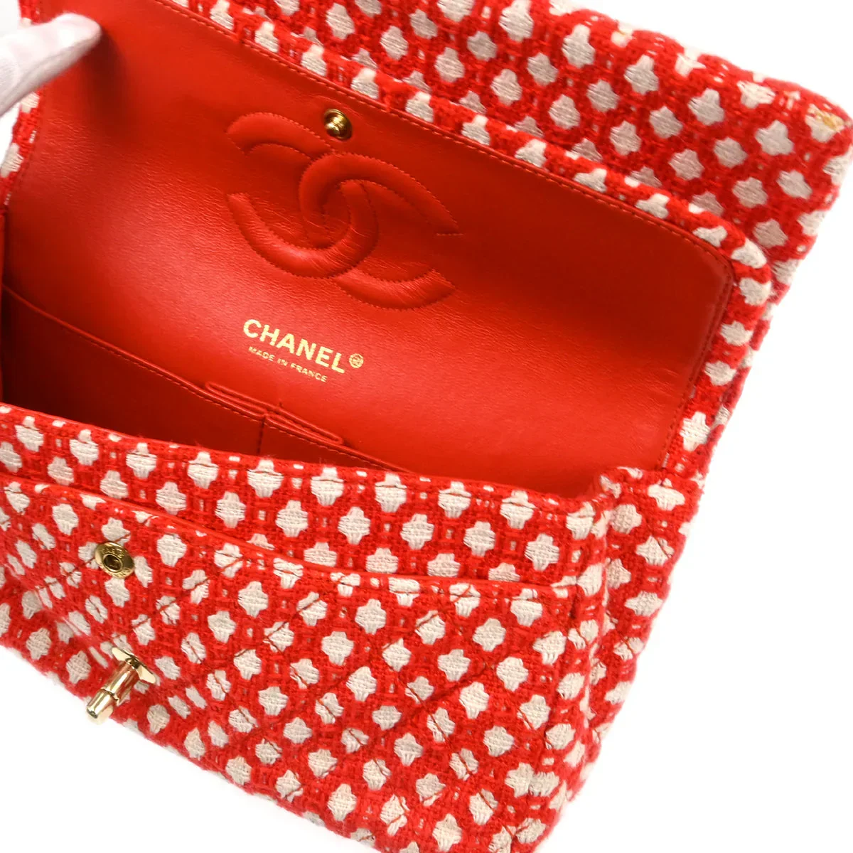 Chanel 2008-2009 Red Cotton Medium Classic Double Flap Shoulder Bag - Image 8