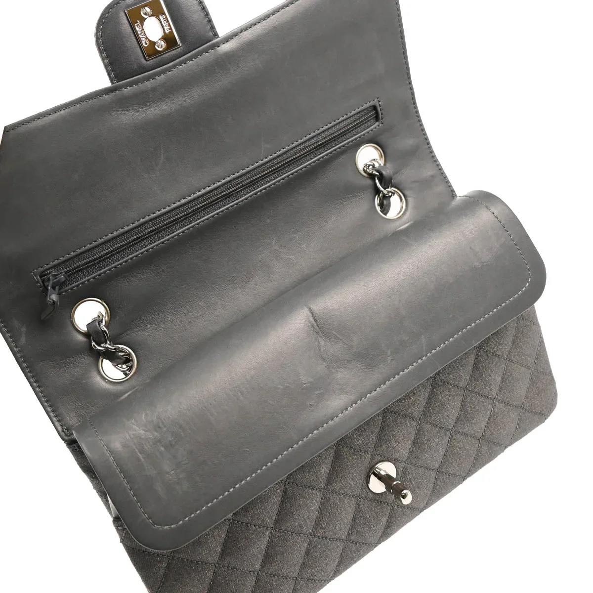 Chanel 2005-2006 Metallic Gray Cotton Medium Classic Double Flap Shoulder Bag - Image 7