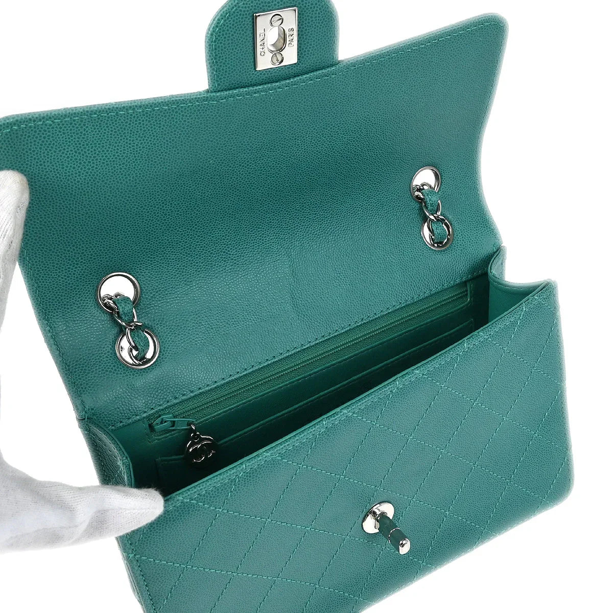 Chanel 1997-1999 Turquoise Caviar Single Flap Shoulder Bag - Image 6