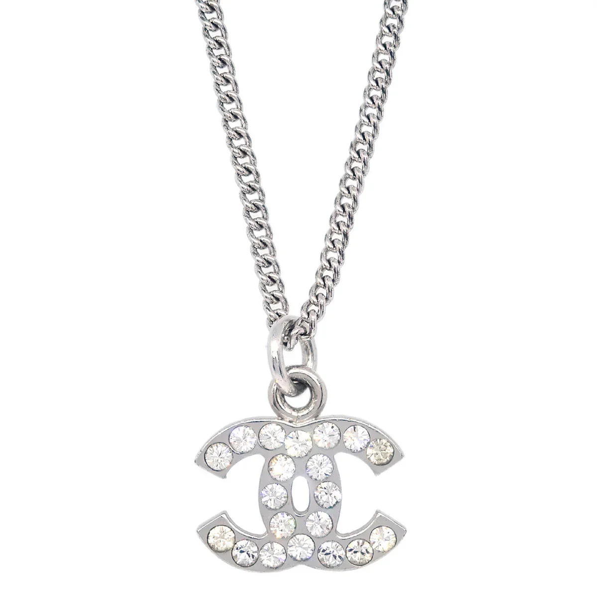 Chanel Rhinestone CC Chain Necklace Pendant Silver 07V