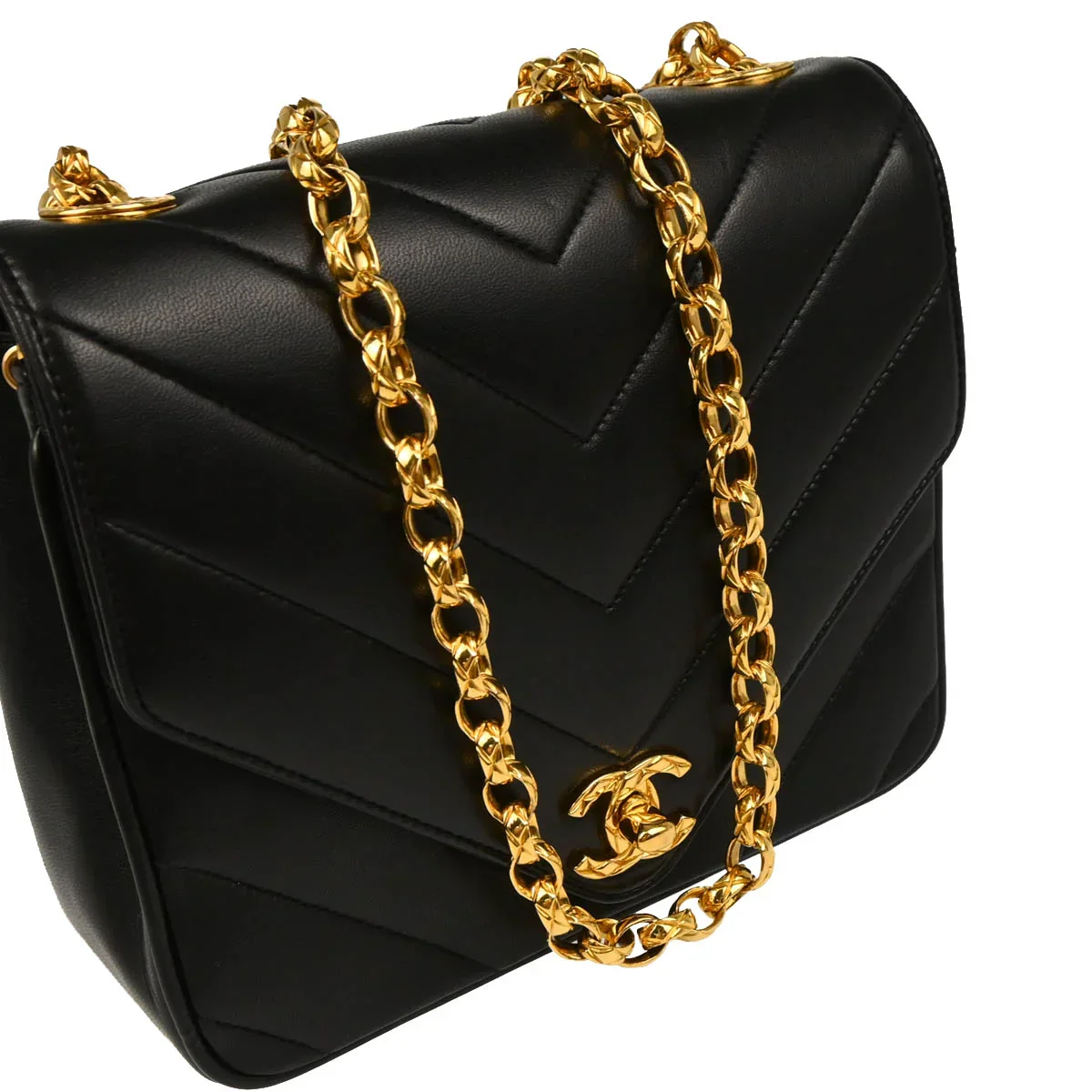 Chanel 1991-1994 Black Lambskin Chevron Shoulder Bag - Image 3