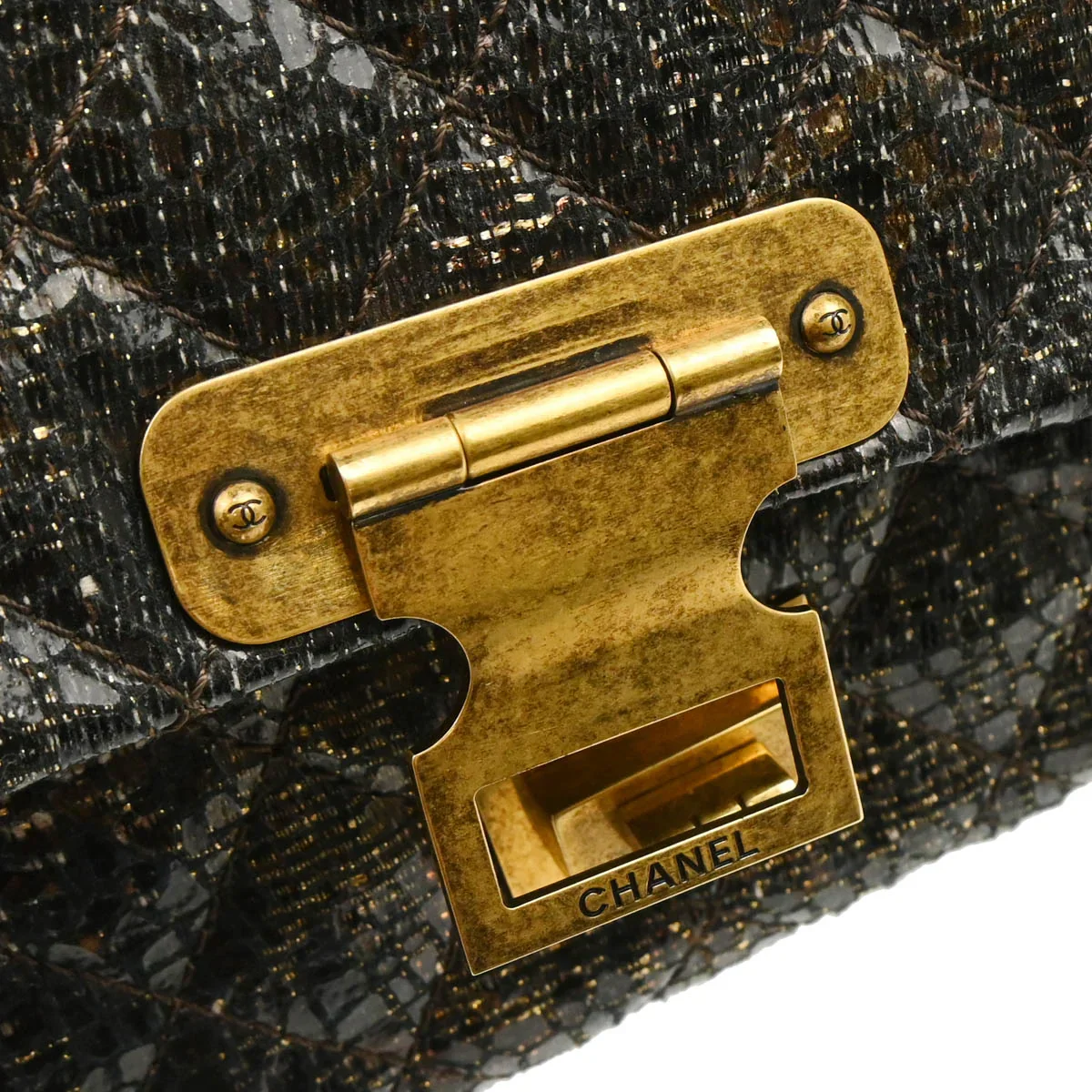Chanel 2009-2010 Black Lacquer Tweed Mademoiselle Lock Double Flap Shoulder Bag - Image 6