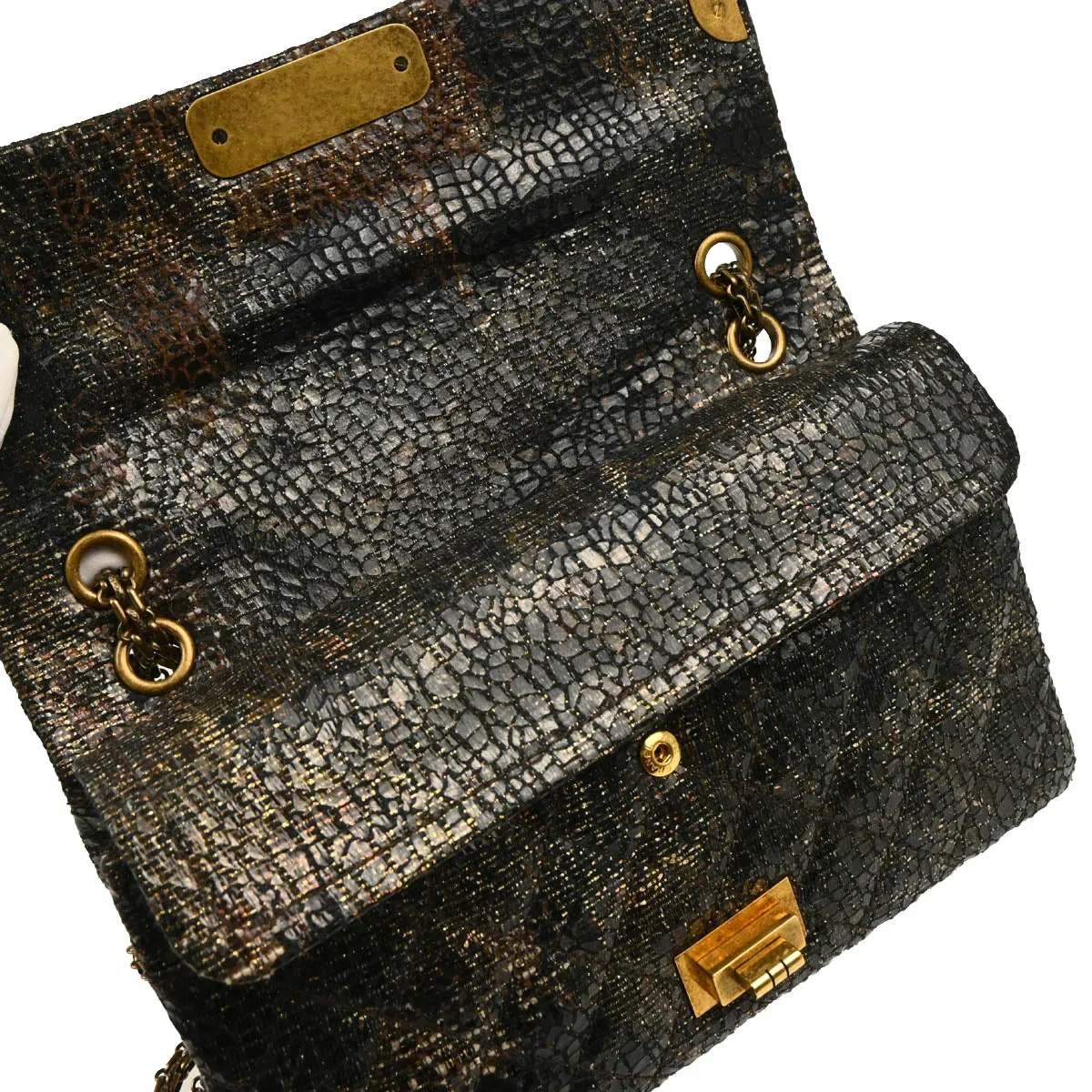 Chanel 2009-2010 Black Lacquer Tweed Mademoiselle Lock Double Flap Shoulder Bag - Image 8