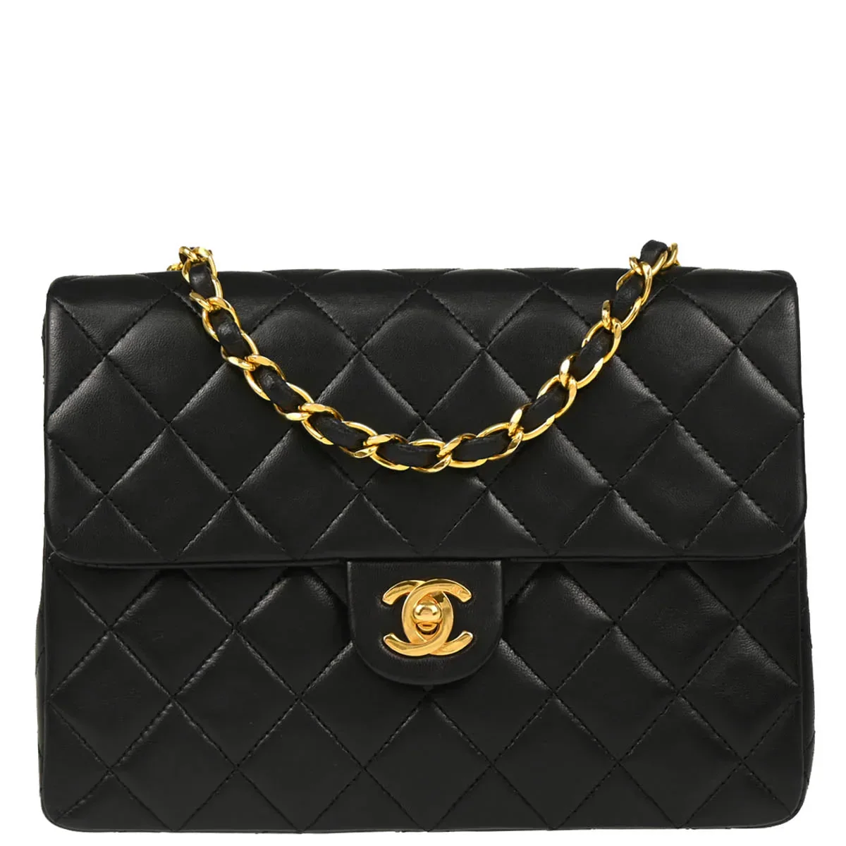 Chanel 1989-1991 Black Lambskin Classic Square Flap Shoulder Bag