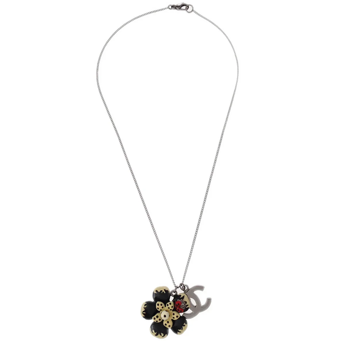 Chanel CC Flower Ladybug Chain Necklace Pendant Silver Black 06P - Image 2