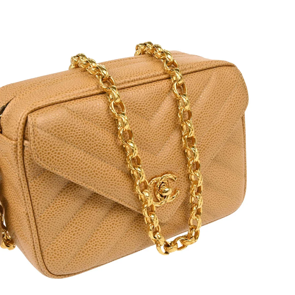 Chanel 1991-1994 Beige Caviar Chevron Camera Bag Mini - Image 3