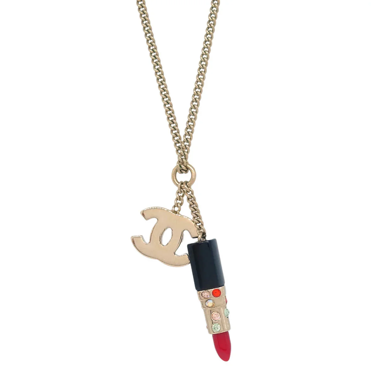 Chanel Lipstick Gold CC Pendant Necklace Rhinestone 04A