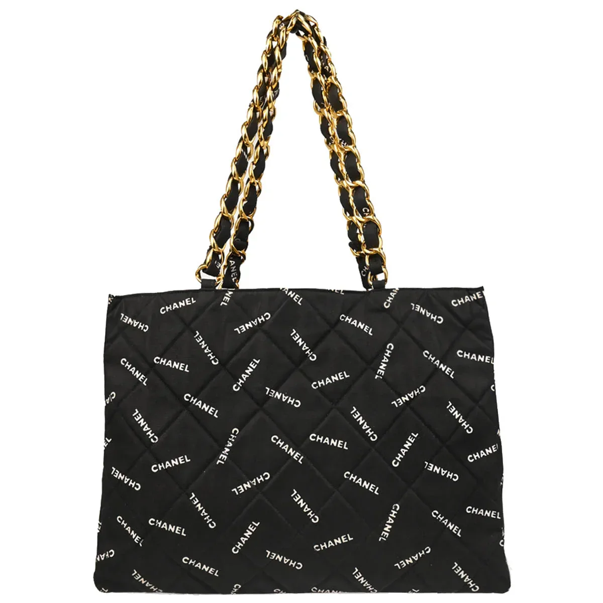 Chanel 1994-1996 Black Canvas Logo Print Chain Tote Handbag