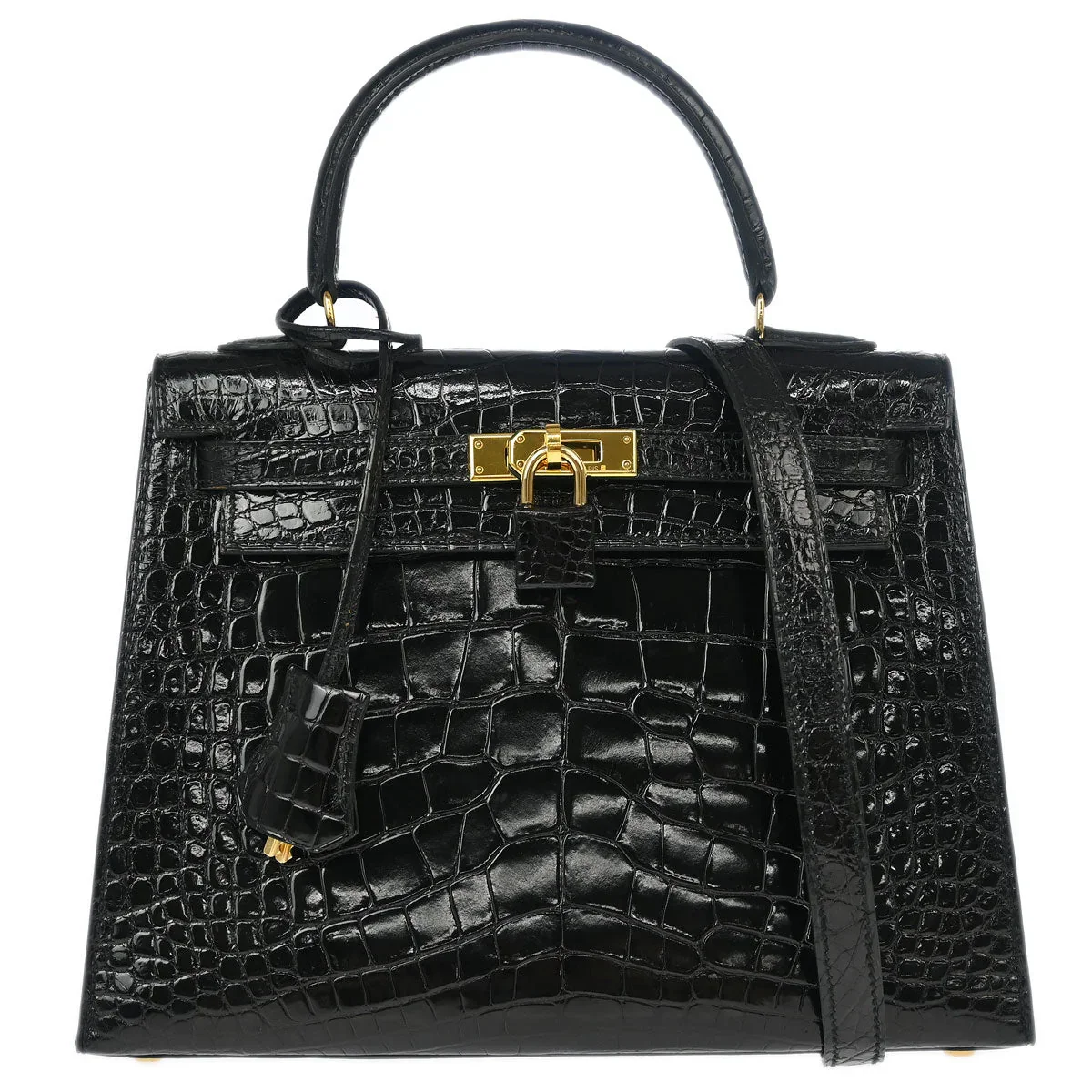 Hermes * Black Alligator Kelly 25 Sellier 2way Shoulder Handbag