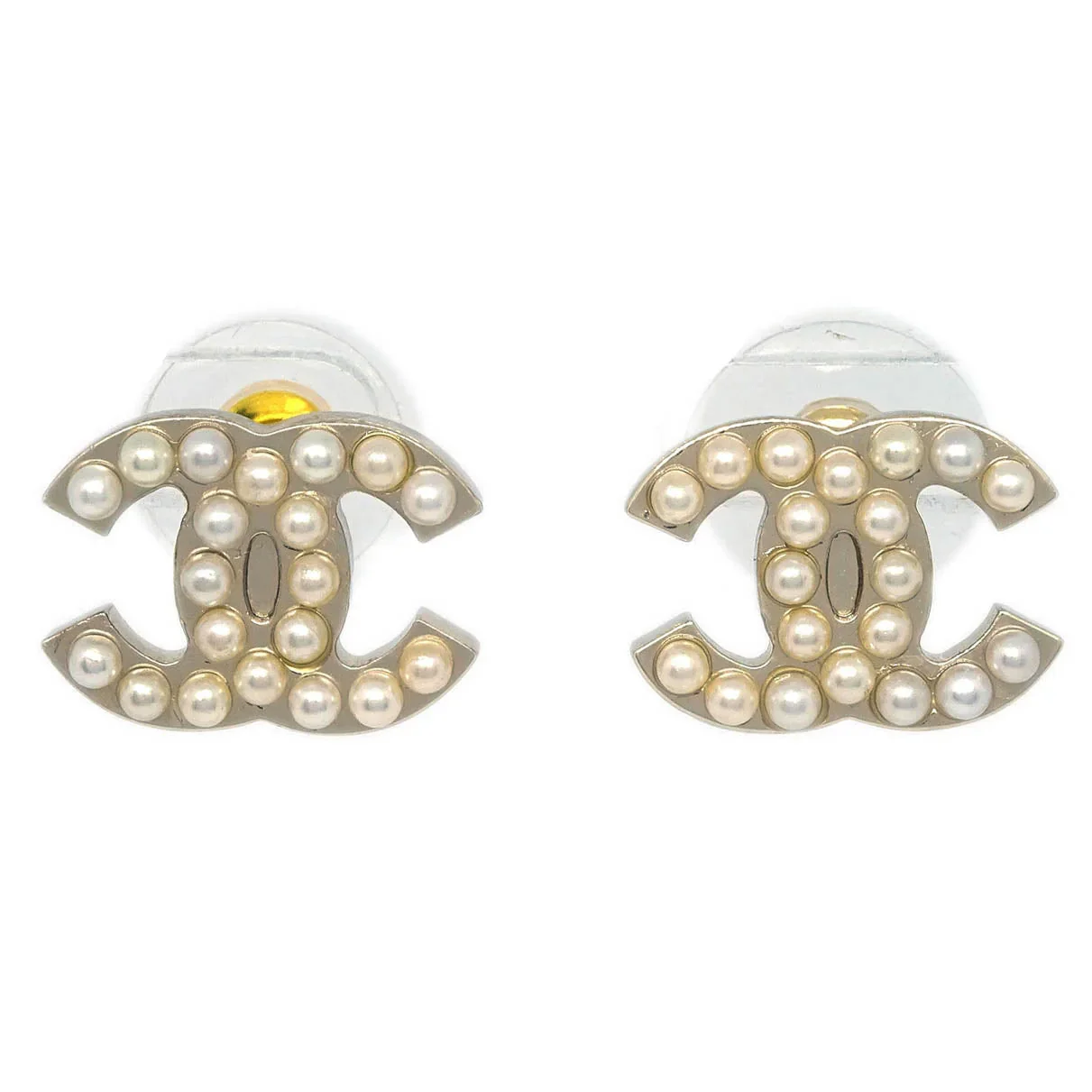Chanel Piercing Earrings Gold CC Costume Pearl 05V