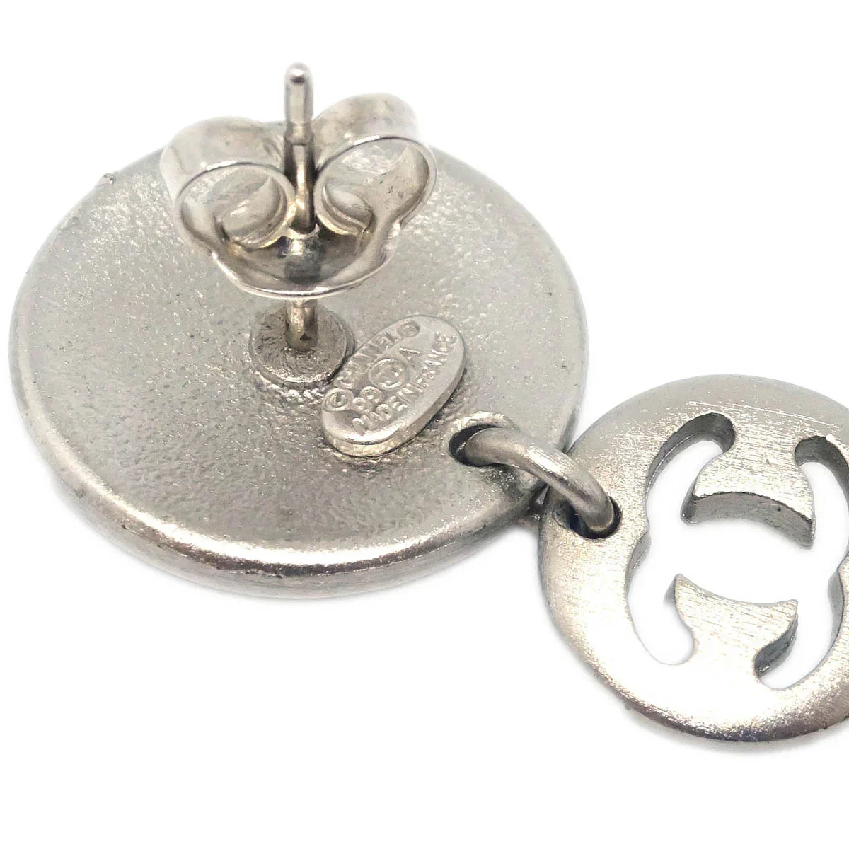 Chanel Button Silver Dangle Piercing Earrings 99A - Image 4
