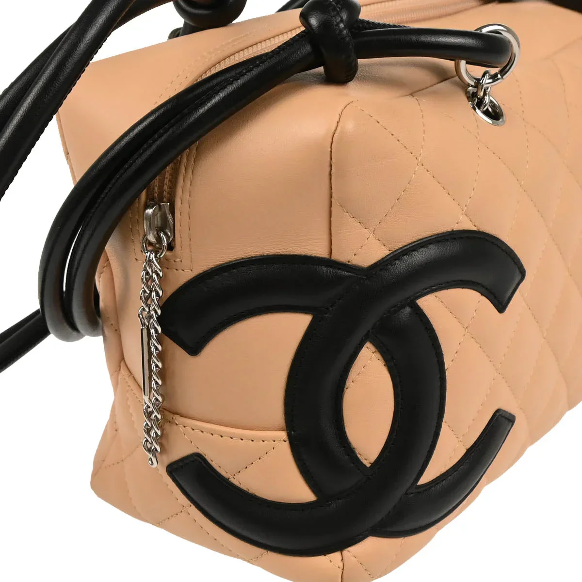 Chanel 2005-2006 Beige Black Calfskin Cambon Ligne Bowling Bag - Image 3