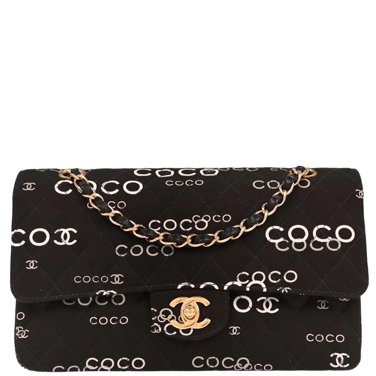 Chanel 2001-2003 Black Canvas COCO Medium Classic Double Flap Shoulder Bag