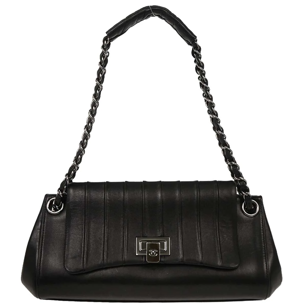 Chanel 2002-2003 Black Lambskin Mademoiselle Accordion Flap Shoulder Bag