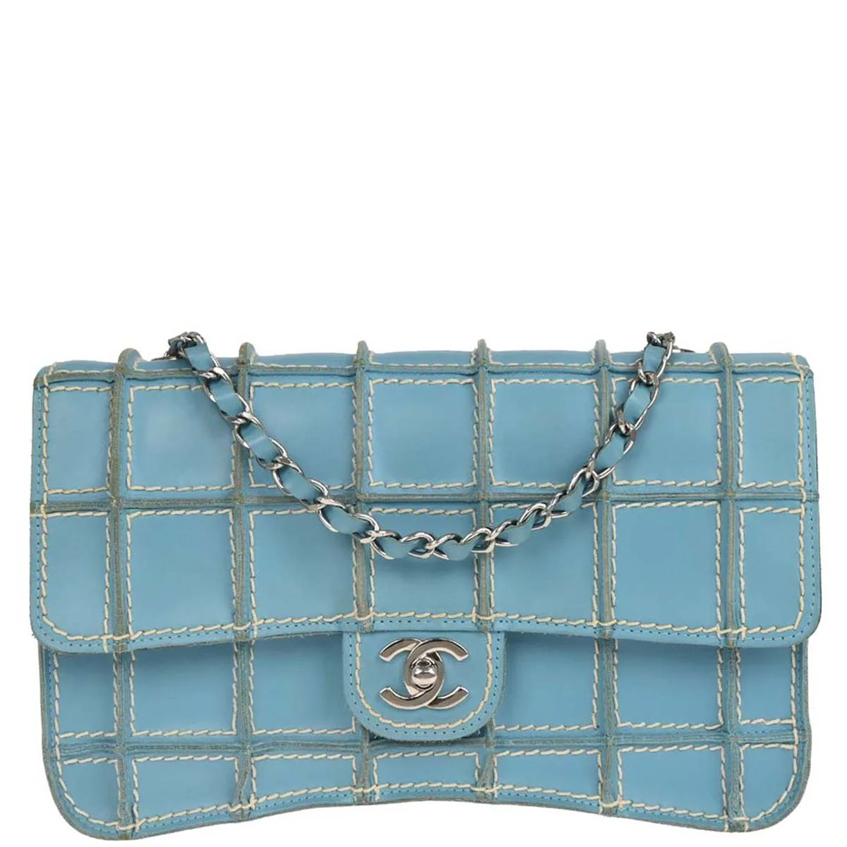 Chanel 2001-2003 Light Blue Calfskin Wild Stitch Choco Bar Shoulder Bag