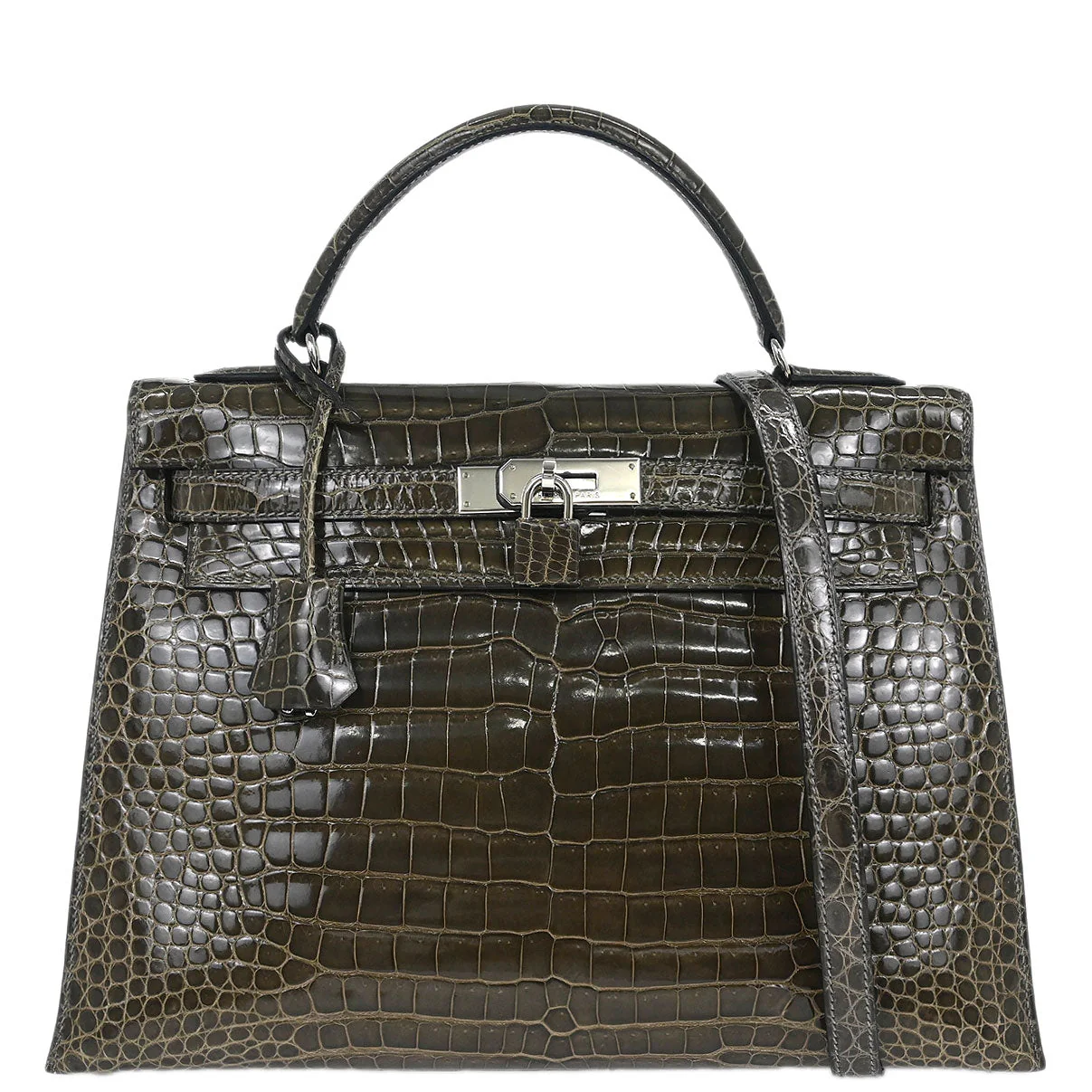 Hermes * Gris Fonce Porosus Kelly 35 Sellier 2way Shoulder Handbag